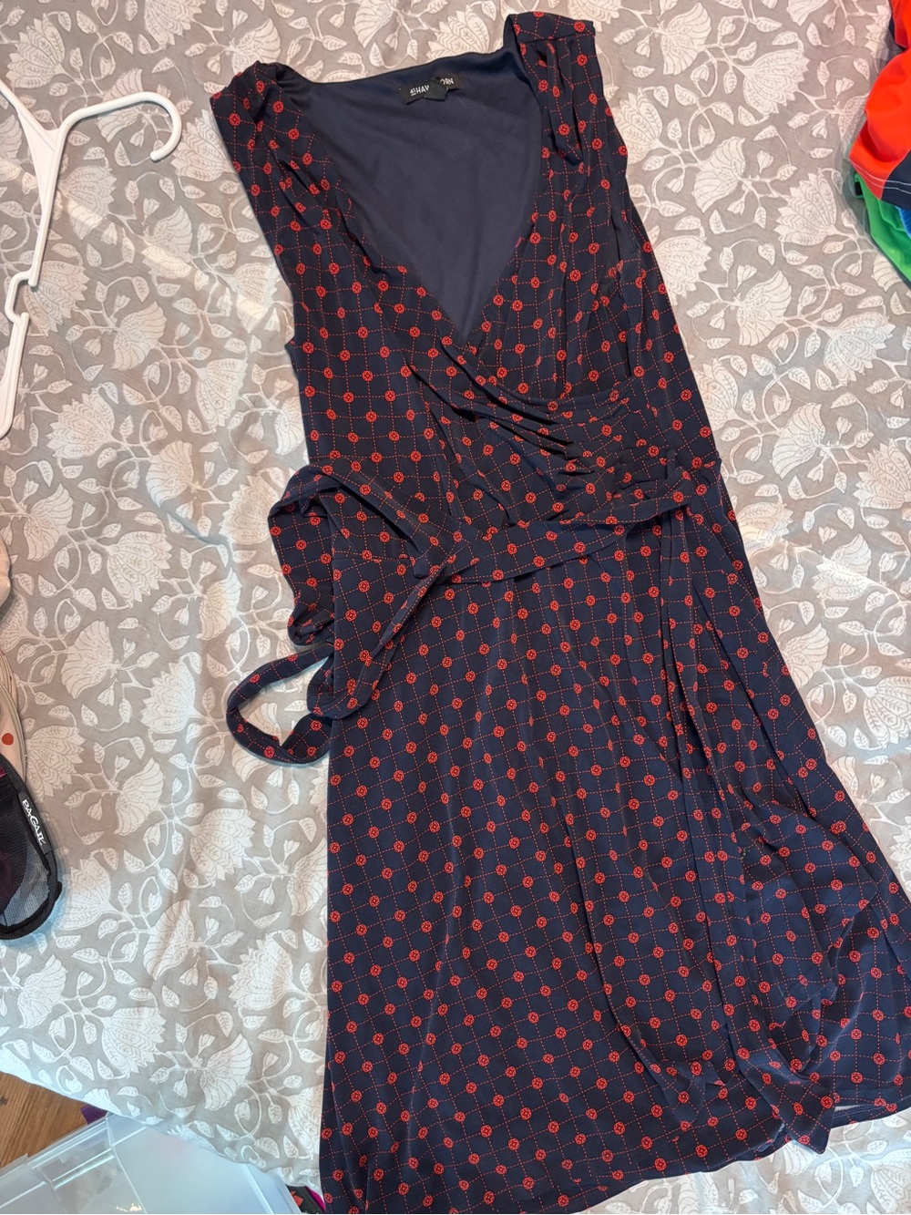 Faux Wrap Dress in Navy with Red Dot Print